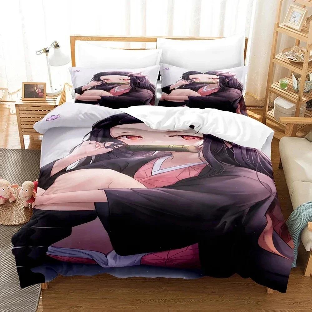 Anime Demon Slayer Nezuko Sängkläder Set Påslakan Sängset Täcke Örngott Täcke king Queen Size Pojkar Vuxen