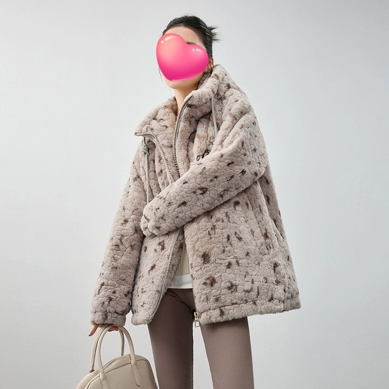 Cozy Faux Rabbit Fur Hooded Jacket Vintage Spots Fluffy Winter Coat Warm Thickened Premium Outerwear