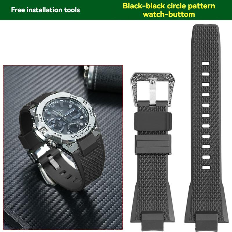 for Casio GST-B400 Series Rubber Waterproof Sports Strap Steel Heart Upgraded Steel Ring Pattern Buckle Strap