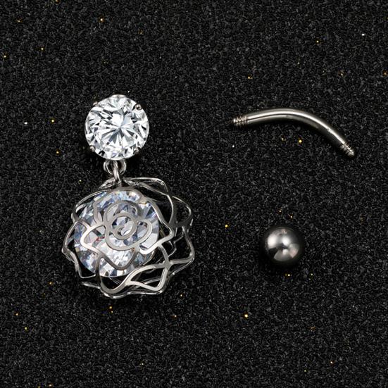 Belly Button Rings Stainless Steel Hollow Flower Dangle Body Piercing Jewelry Rhinestone Navel Ring for Women