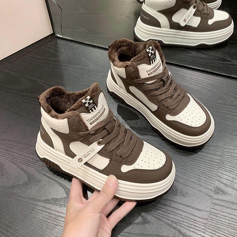 High Top Warm Thick Soled Board Shoes 2024 Winter Casual Color Blocked Velvet Sports Vulcanized Women's Shoes Platform Sneakers
