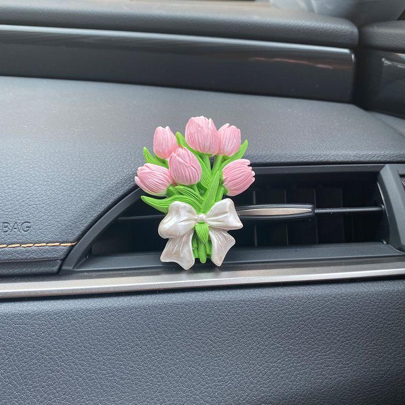 Tulip Bear Car Air Freshener Vent Decoration High-End Flower Aroma Diffuser Stone Car Interior Ornament Purple Bow Citrus green tone