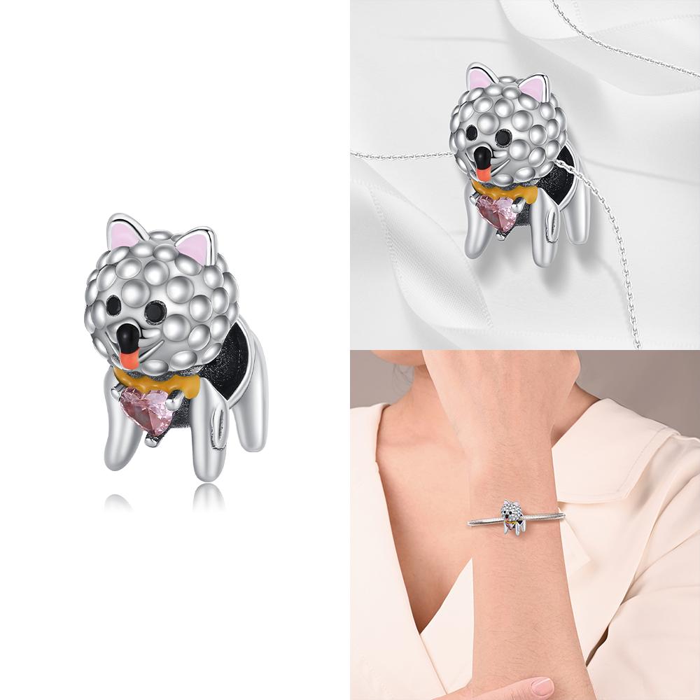 925 Silver Pink Claw Bones Running Dog Pendant Heart Bead Fit Bracelet Women Jewelry Diy Childish Fine Gift