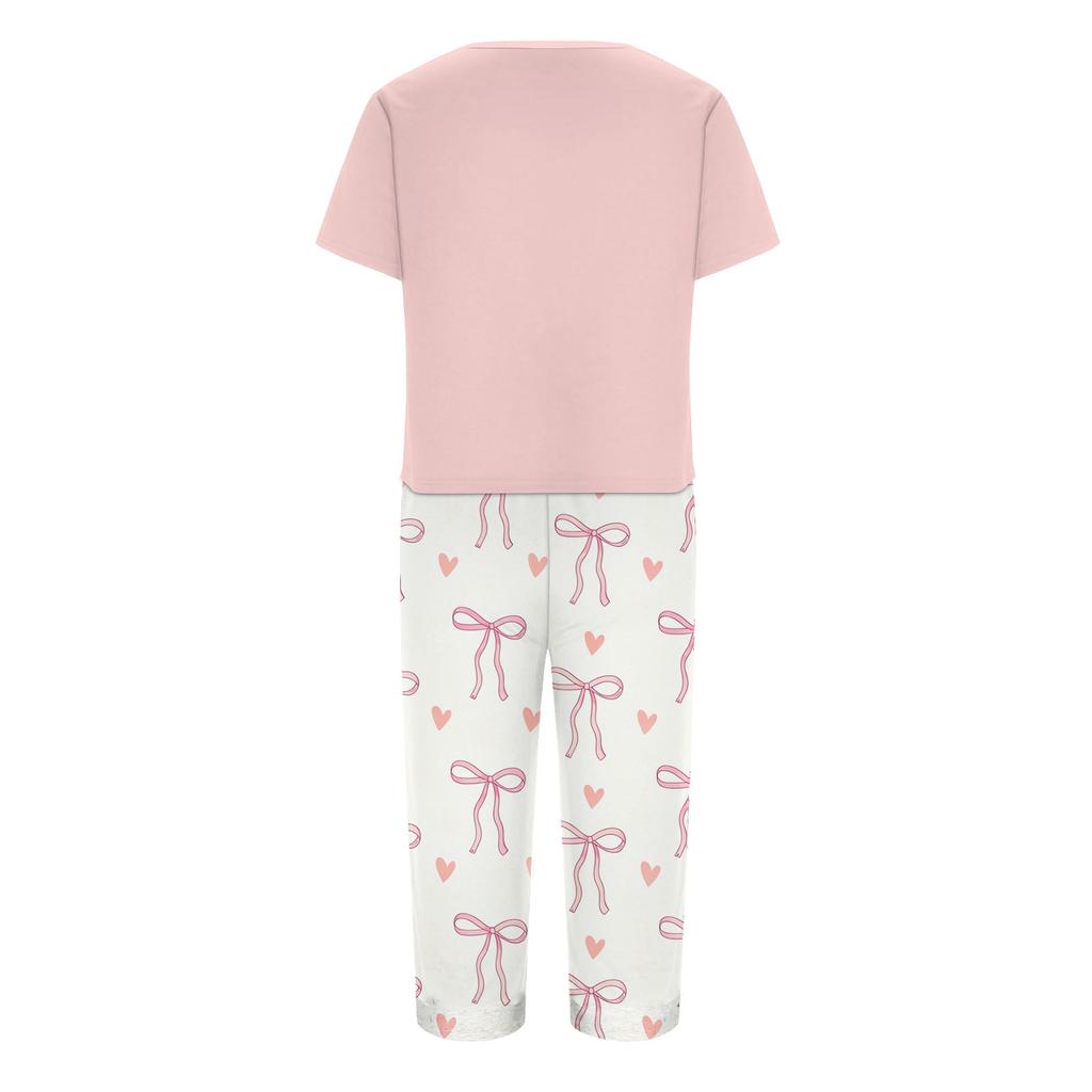 Women's Printed Two Piece Short Sleeve Pajama Set with Pants for Casual Sleepwear