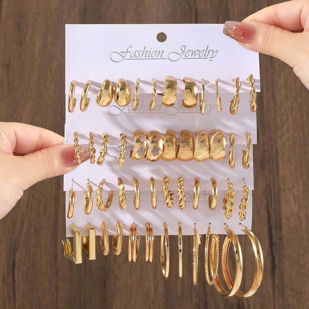 24 párů/sada Retro kovové kroucené náušnice ve tvaru C Dámské trendy lesklé kovové velké kruhové náušnice Dámské bohémské ucho Zirkon