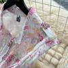Elegant Lace Printing Formal Dresses Women Lapel Single-breasted Hollow Out Belt Slim Temperament Summer Dress