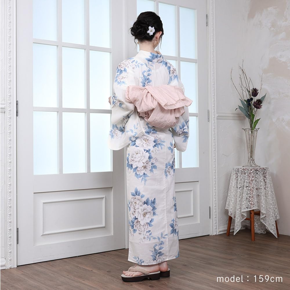 Kyoto Kimono Yuzen Women's Yukata and Obi Set, 2-Piece Floral Summer Kimono (Ivory with Peony)