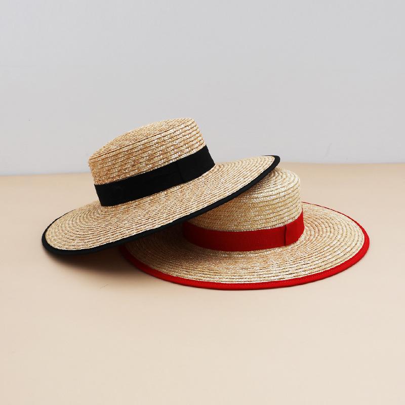 New Trendy Elegant European American Style Straw Hat Wide Brim Sun Hat Woven Edges Flat Top Women Seaside Vacation Party Sun Cap