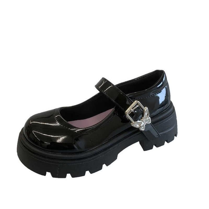 Round head thick sole small leather shoes women's spring new butterfly buckle single shoes student skirt