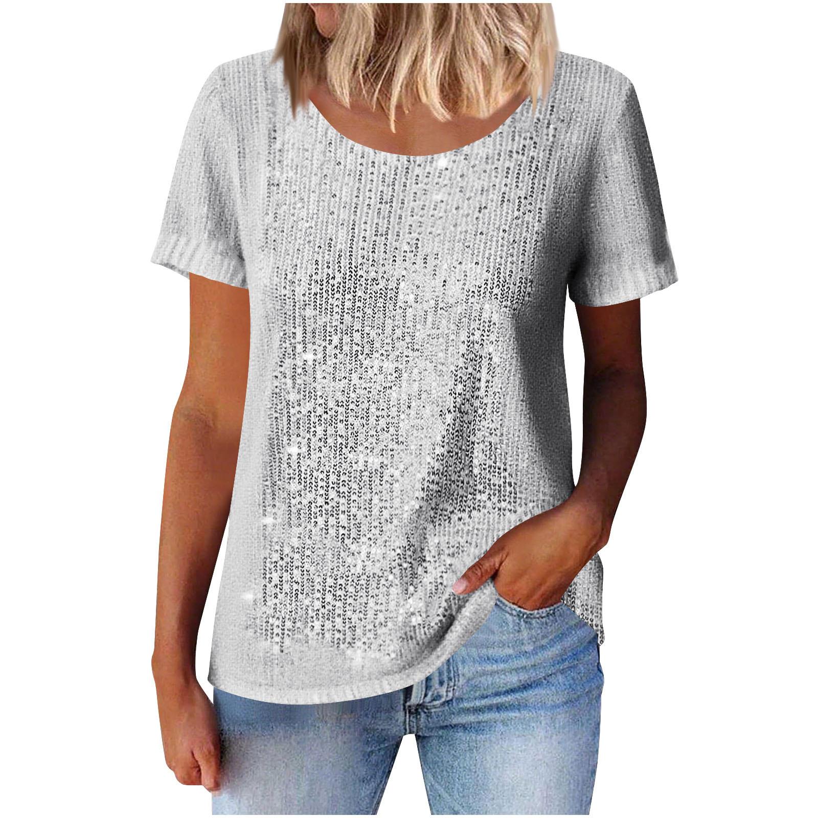 

Women Multi Color Round Neck Short Sleeve Glitter Sparkle Casual Top S белый
