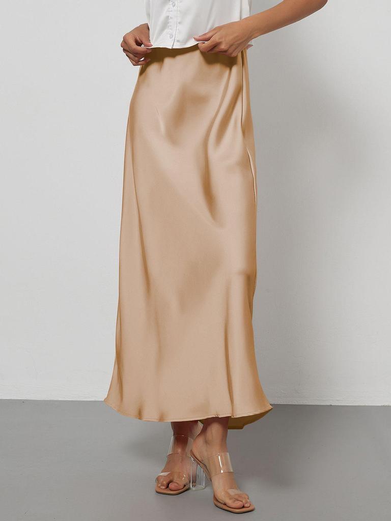 Women's Clothing Elegant Satin Midi Skirt Slim Fit High-Waisted Dress