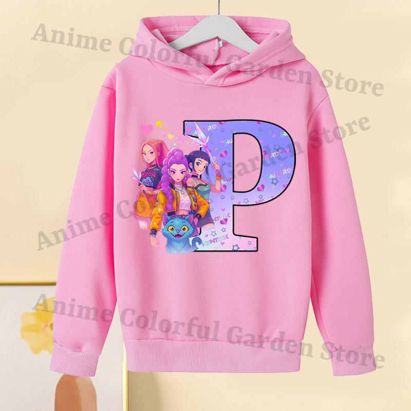 KPop Dämonenjäger Pinke Hoodies für Kinder Cartoon Buchstaben bedrucktes Kapuzensweatshirt Mädchen Herbstmode Hoodie Kinderkleidung