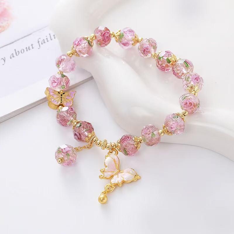 Butterfly Pendant Decorated Bracelet, Pink-Blue Glazed Glass Bracelet, Butterfly Pendant Beaded Bracelet, Blue Glazed Glass 2.36 inch(5.99cm)