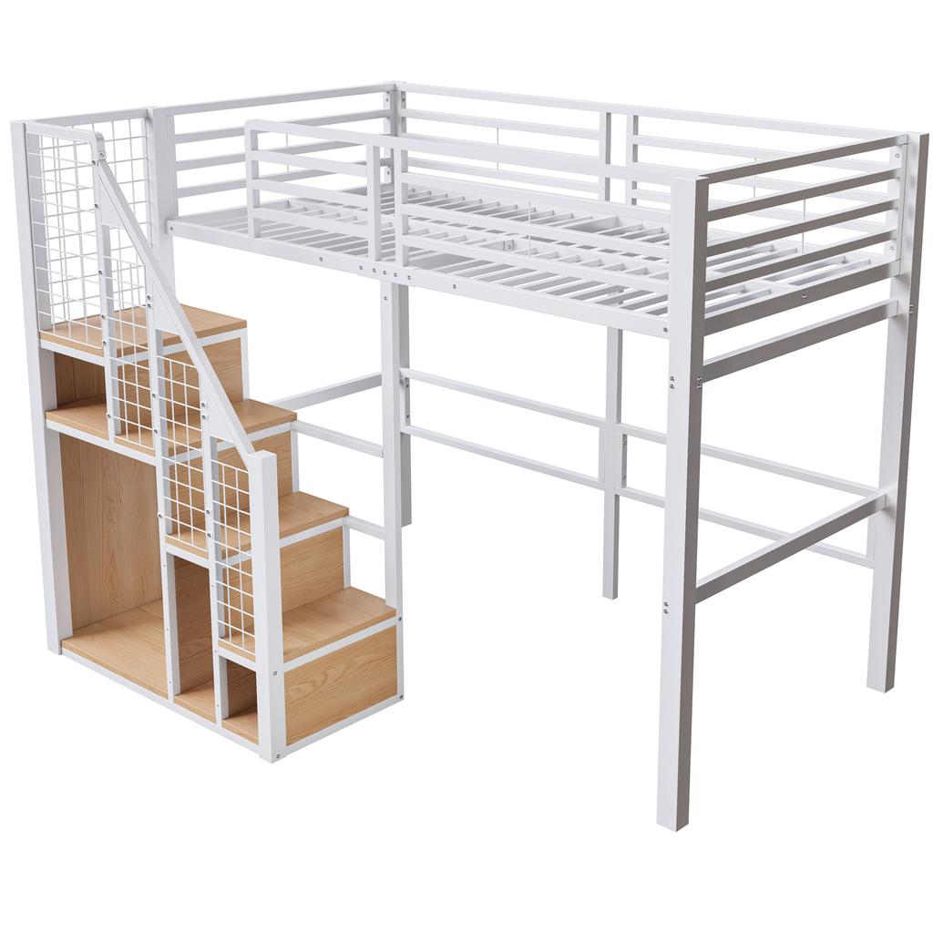 Loft Bed with Safety Ladder 90*200, Children's Bed with Iron Frame and Storage Area, Youth Bed, Single Bed, White