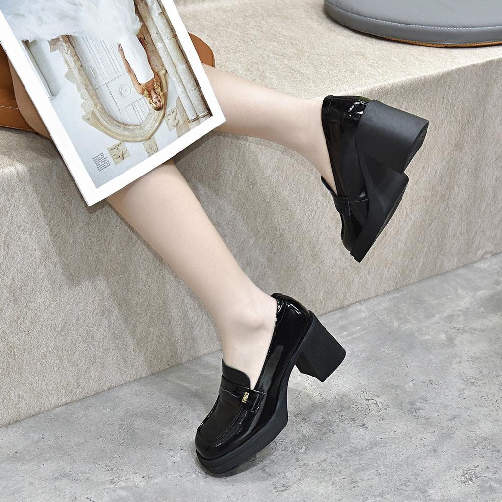 Square head high heels women's shoes spring new deep mouth single shoes college style black thick heel small leather shoes