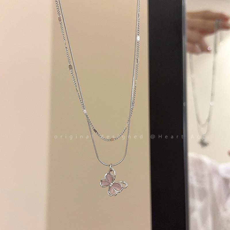 Strawberry Crystal Butterfly Necklace Women's Summer Sense Niche Design Collarbone Chain New Trendy Temperament Accessories