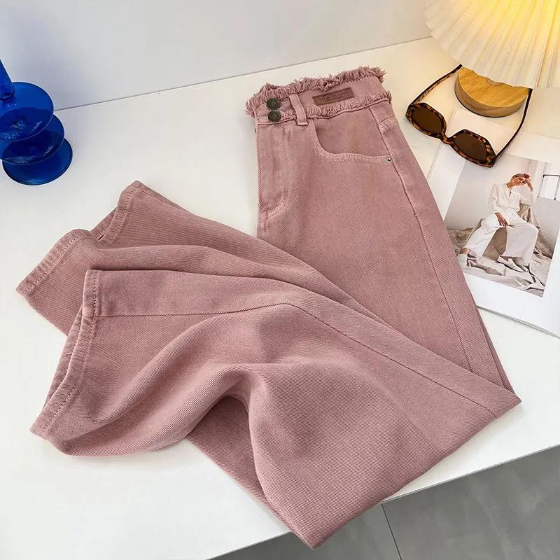 Pantaloni da Donna Primavera/Autunno Vita Alta Modellanti Larghi Gamba Dritta Lunghi Fino al Pavimento Rosa Pantaloni in Denim a Gamba Larga