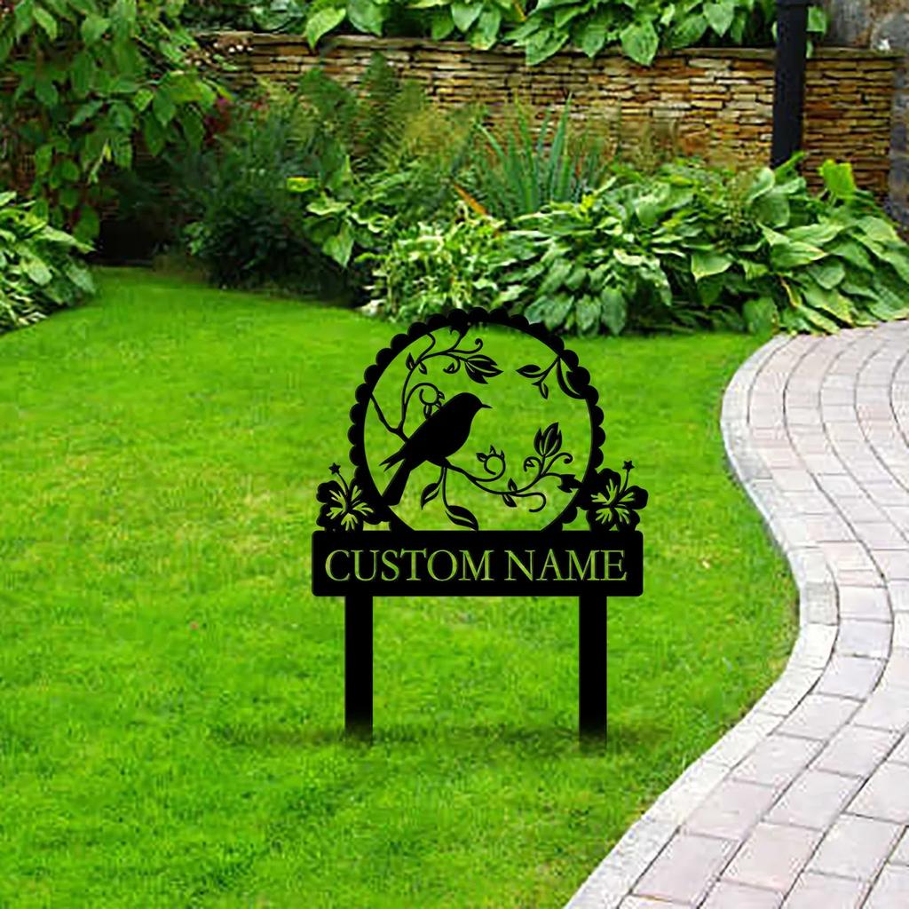 Metal Bird Memorial Garden Stake, Personalized Pet Grave Marker with Flowers for Yard