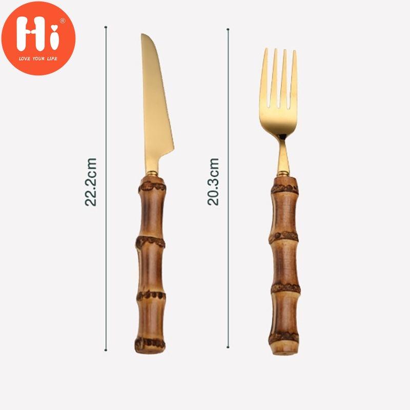 Hi Bamboo Handle Stainless Steel Cutlery Set Wooden Spoon and Fork Set Knife Minimalist Gold