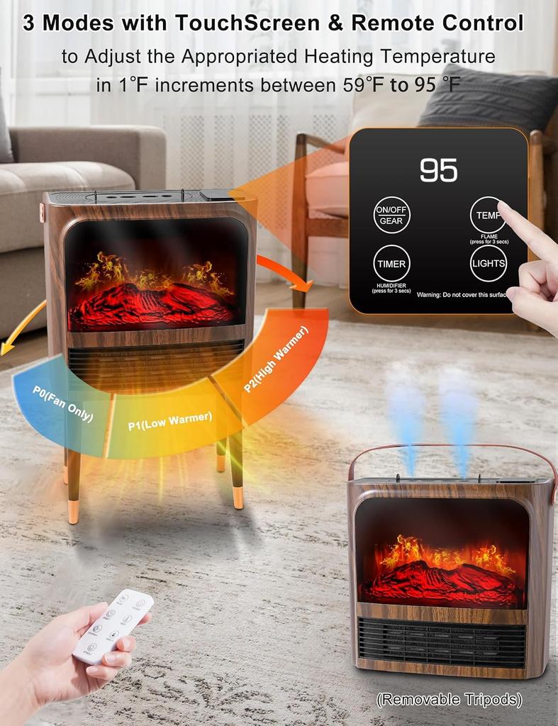 Electric Fireplace Heater 3D Flame, Humidifier, Thermostat, Remote Control, 1500W Portable Space Heater