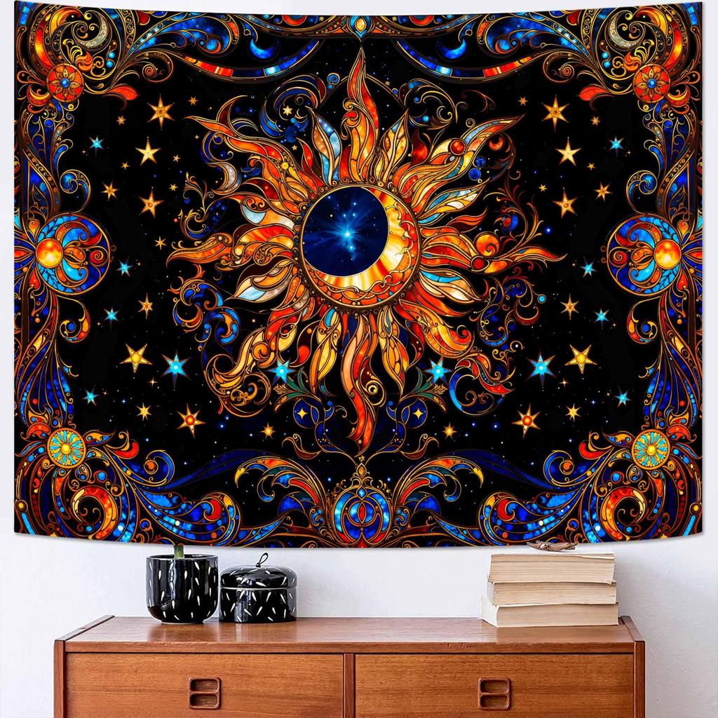 Boho Sun and Moon Tapestry, Colorful Celestial Starry Sky Mandala Print Wall Hanging for Bedroom Living Room Dorm Decor