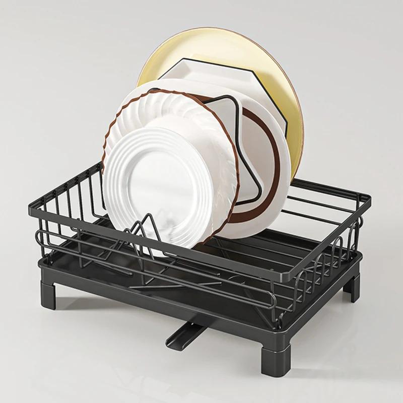 Dish drainer rack with cup holder and utensil caddy, non-slip metal drying rack, compact for 1-3 persons, removable drain tray