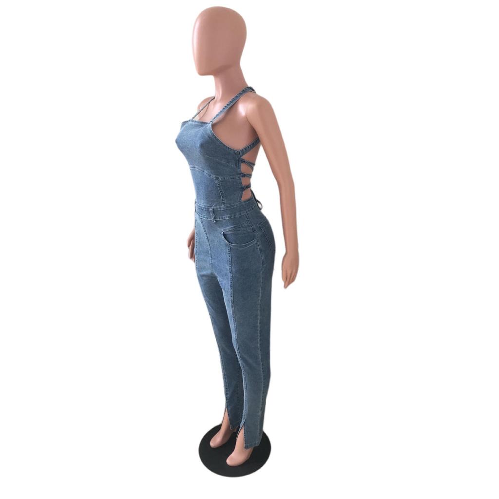 European American Casual Slim Backless Bandage Denim Jumpsuit