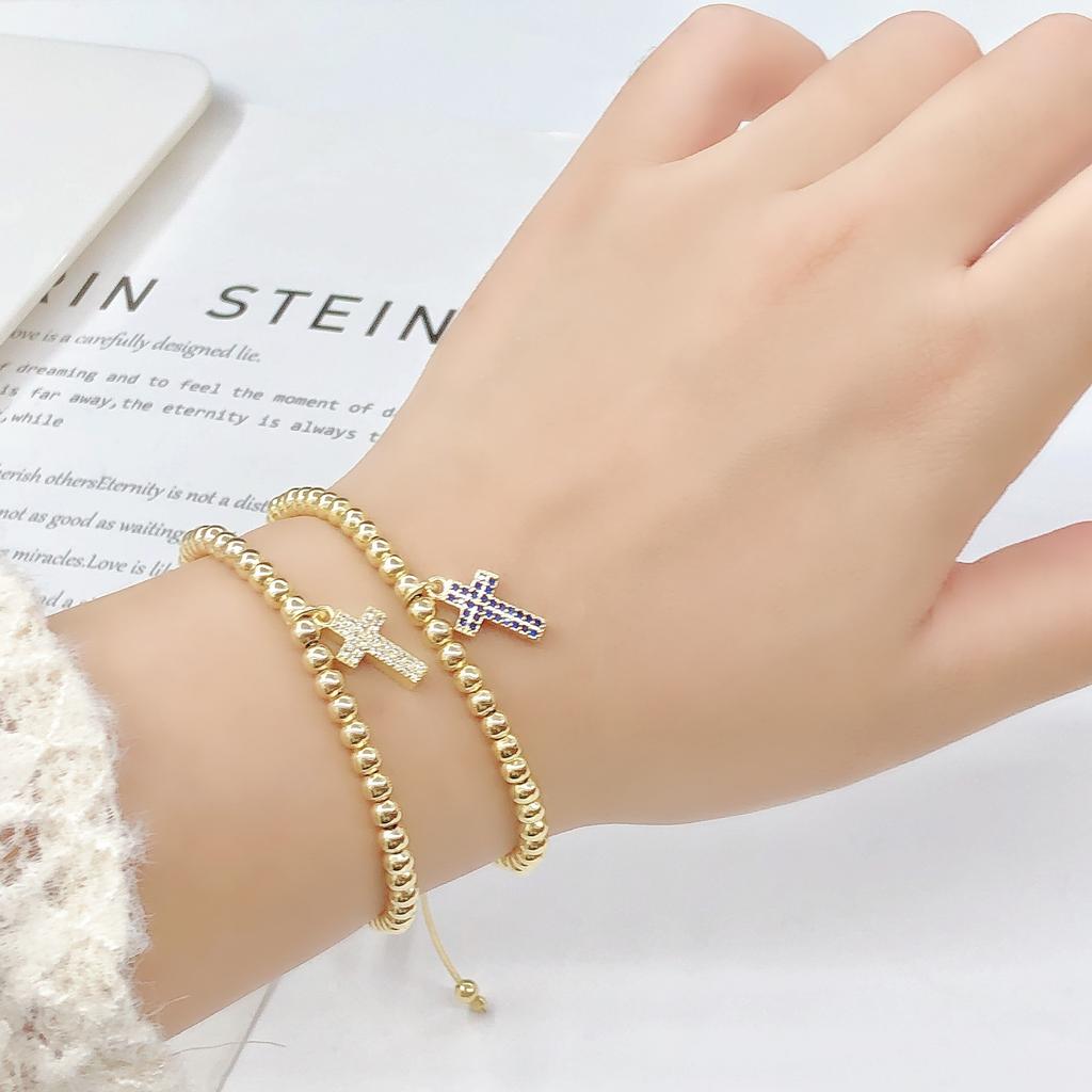 Classic Full Zirconia Cross Pendant Copper Bead Chain Adjustable Bracelet Fashion for Men Women Party Religious Jewelry Gift