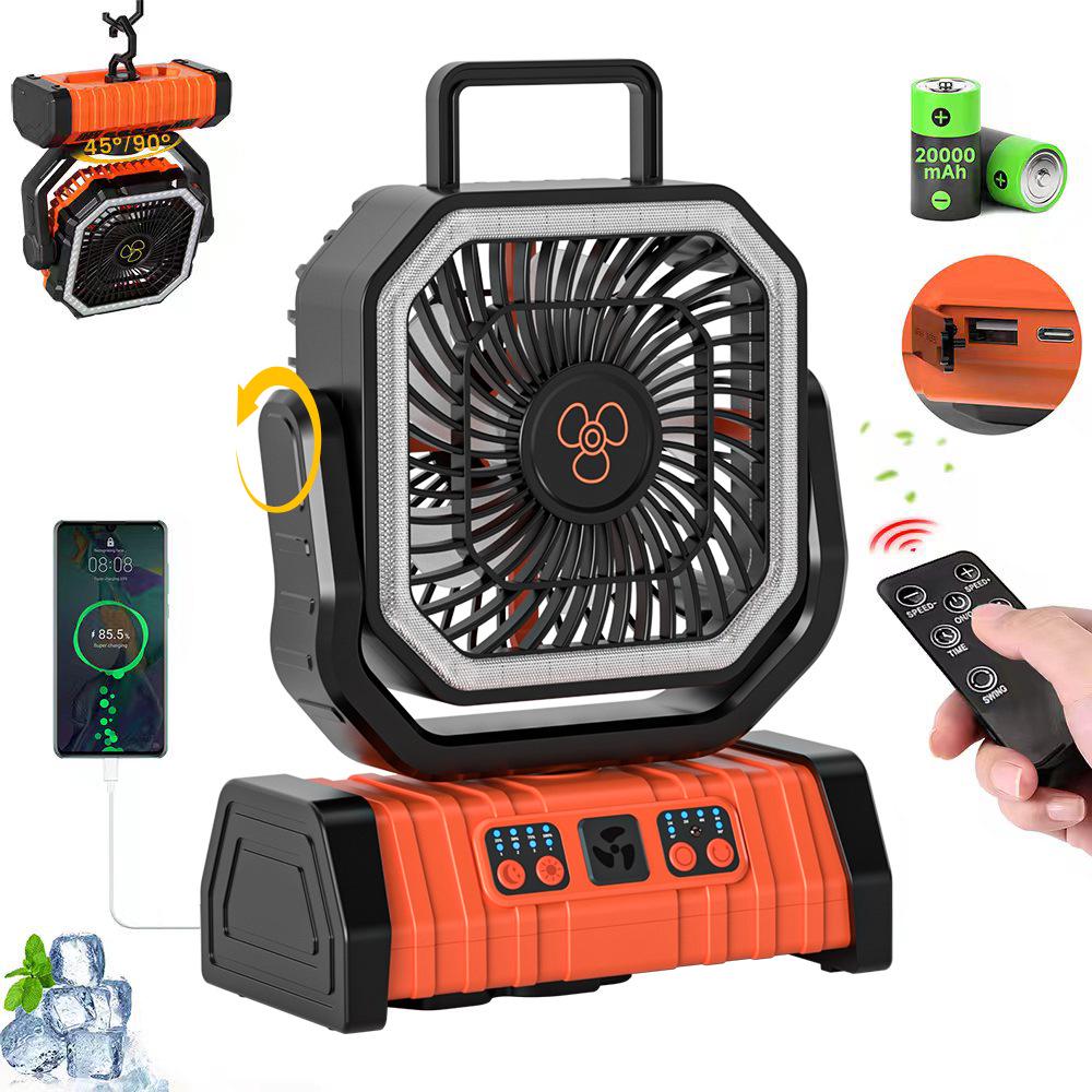 Rechargeable Oscillating Camping Fan with Remote Control & LED Light