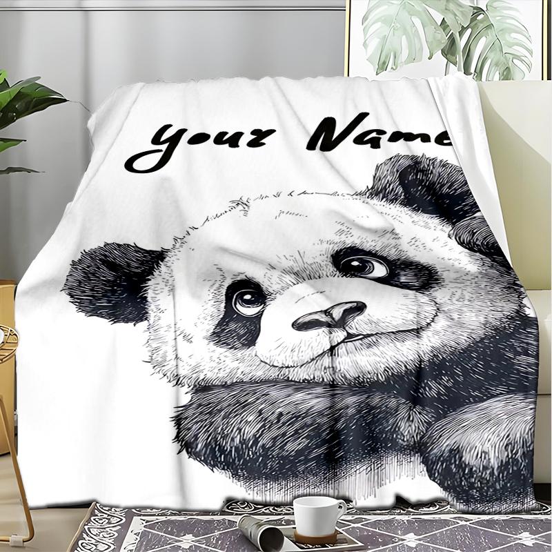 1PC Custom Name Panda Sketch Card outdooor Flannel blankets Throw Blanket All-Season Throw Gift Bedspread for Couch, Bed, Camping Holiday Birthda