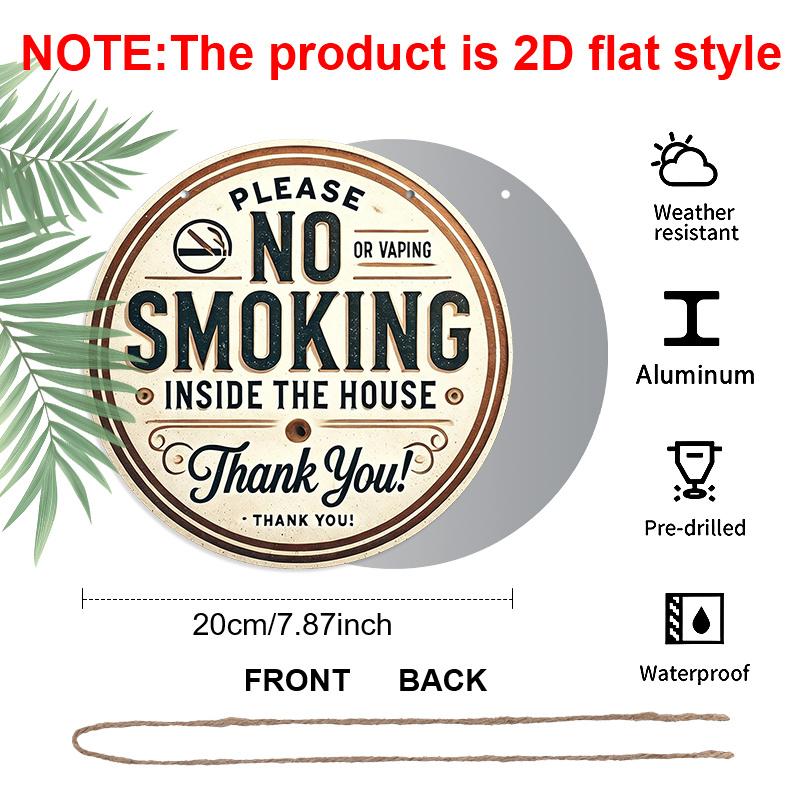 2D Flat, 1pc Round Aluminum Hanging Sign, "No Smoking Or Vaping Inside The House" Warning Text No Cigarette Icon Print, Suitable for Hotel Home Cafe