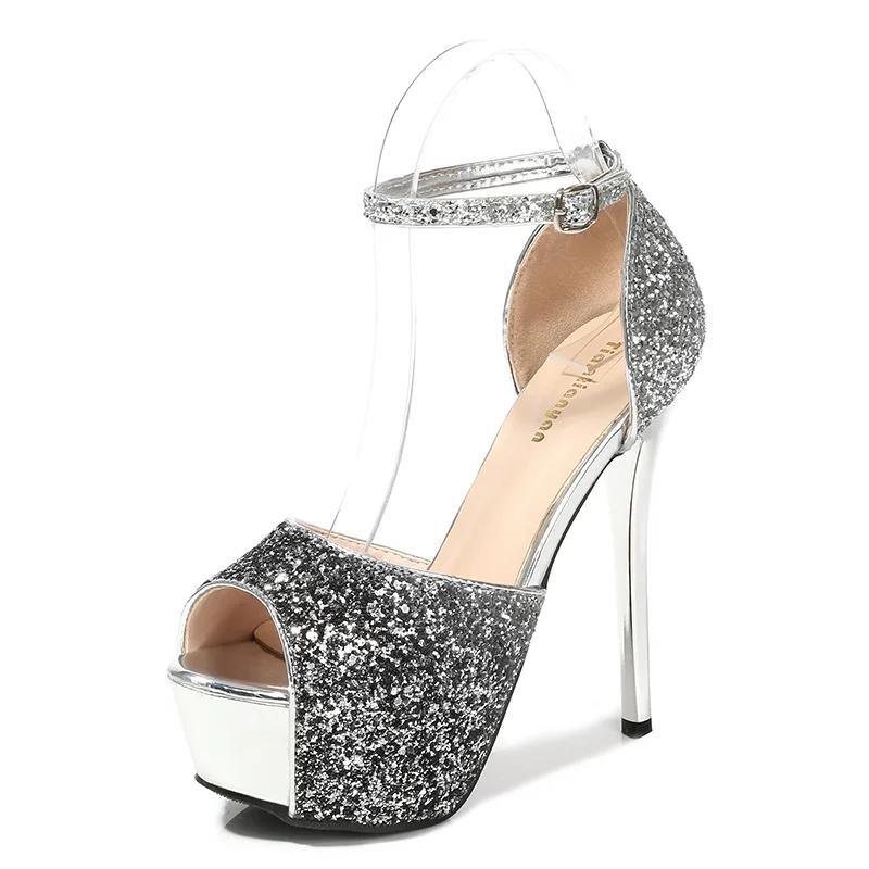 Fashion Comemore Summer Women Peep Toe Sandals Gradient Color Platform Bling Sequin High Heels 14CM Stiletto Nightclub Pole Dancing Shoe