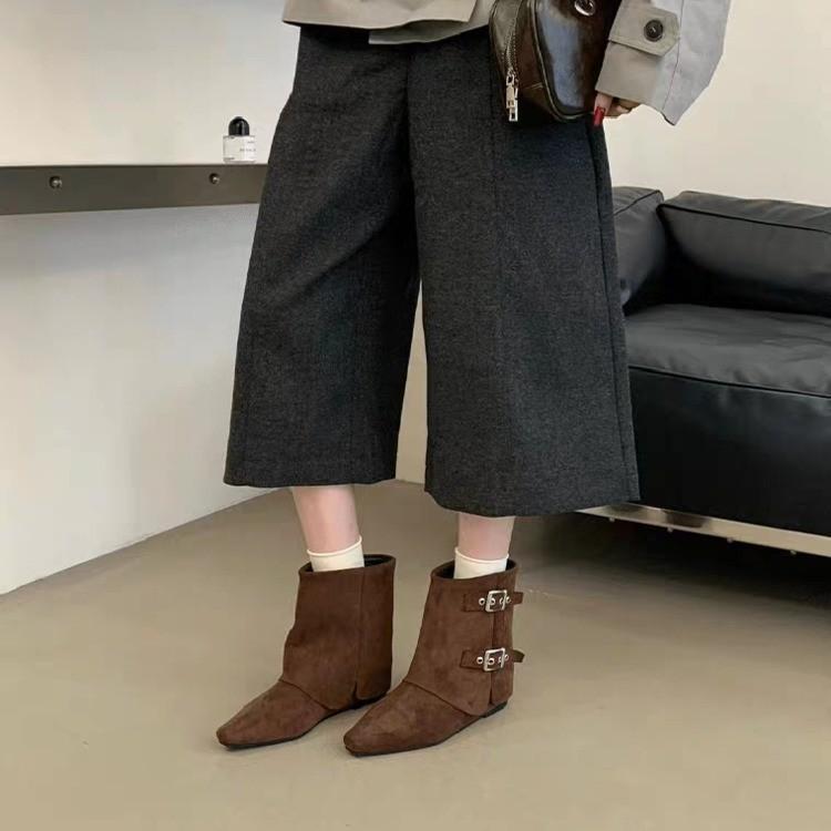 Retro belt buckle fashion boots women's autumn soft-soled inner heightening trouser tube boots sleeve slim small square head short boots
