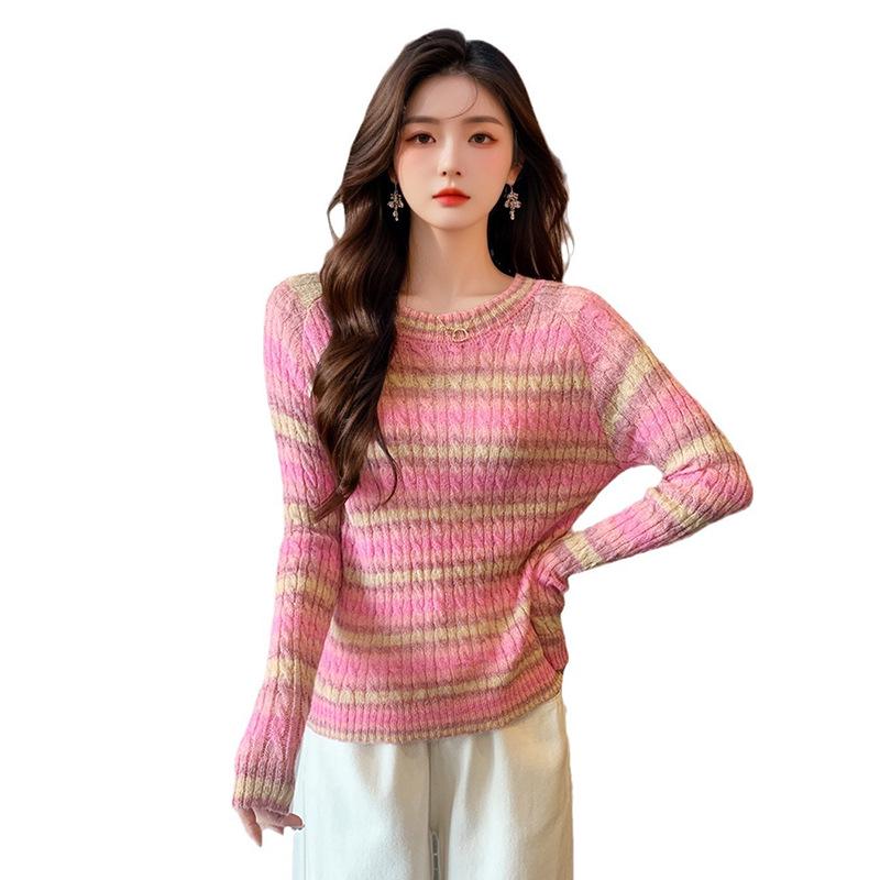 2025 Autumn Korean Tie-Dye Striped Round Neck Pullover Knit Sweater for Women