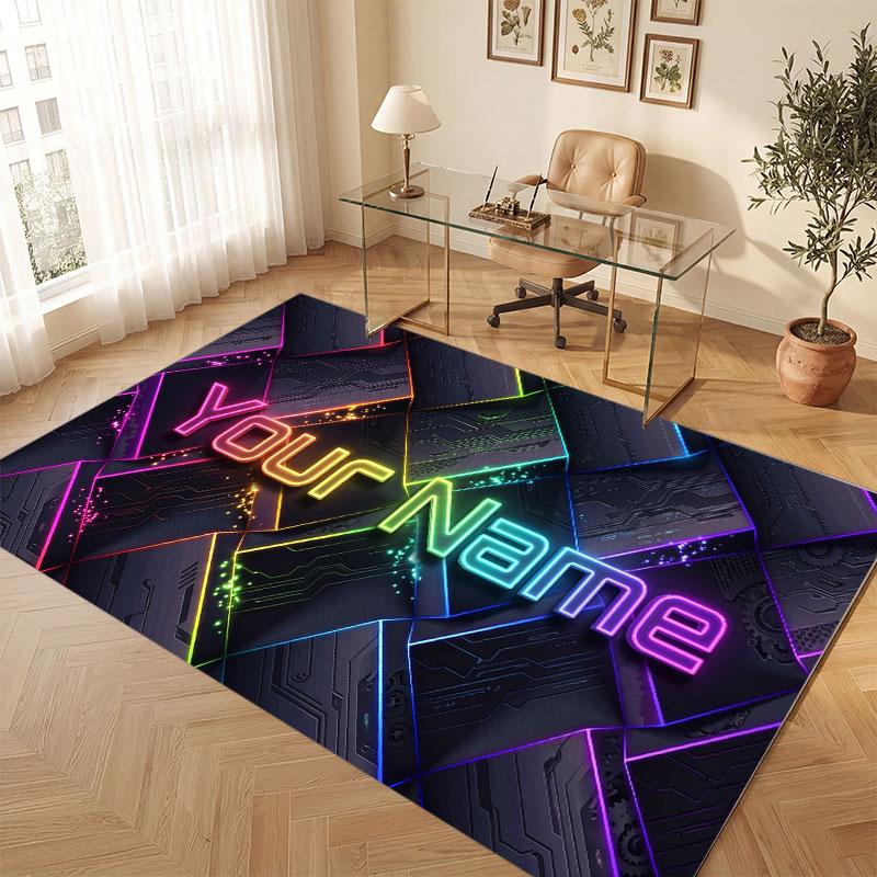 City Cyberpunk Theme Crystal Velvet Floor Rug Personalized Custom Name Text Warm Carpet Home Decoration