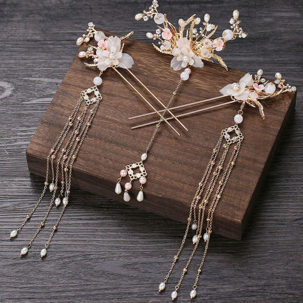 Light Colors Bridal Headwear Plastic Earrings Hairpin Set Wedding Dress Hair Accessories  Hanfu