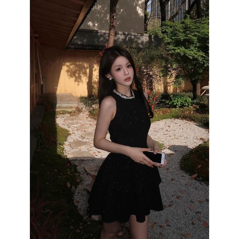 Beautiful Spice Girl Waist Dress Women's French Temperament Thousand Gold High Sense Small Black Dress Birthday Dress Short Skirt