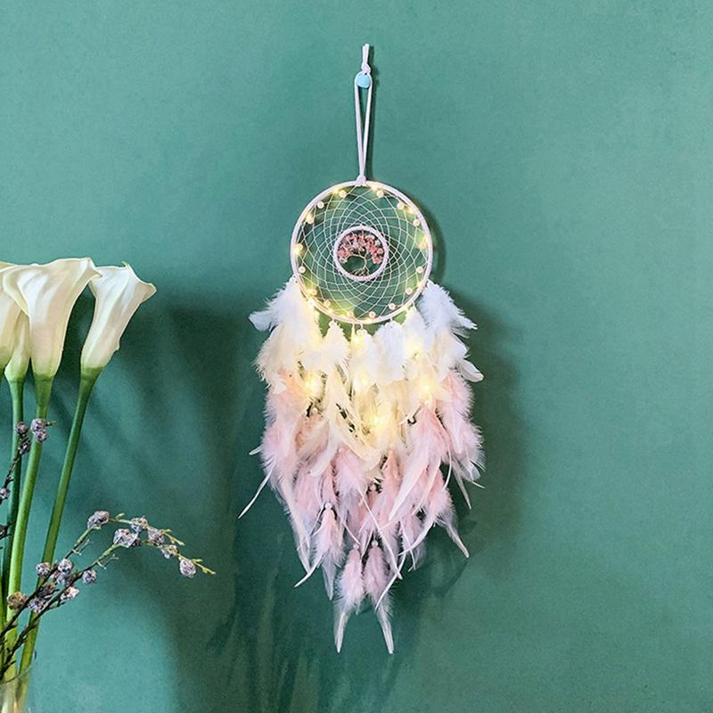 Dream Catcher Hanging Ornament Decor Handmade LED Lights Pink Feather Healing Crystals Dreamcatchers