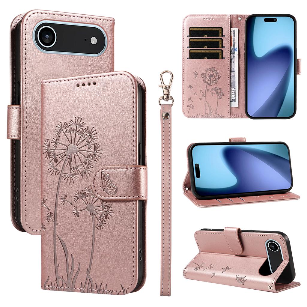 For iPhone 17 Air Leather Wallet Case with Strap Dandelion Imprint Phone Stand Cover
