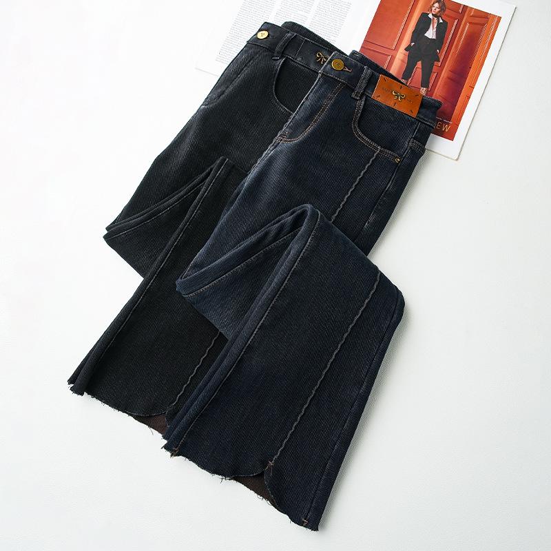Women's Petite High-Waist Blue Micro-Flared Velvet Jeans - 2024 Autumn/Winter Collection