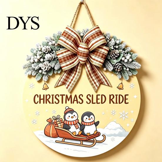Winter Atmosphere Decor Christmas Wooden Welcome Sign for Front Door, Round Hanging Ornament with Santa Claus Snowman Art Artificial Pine Branches