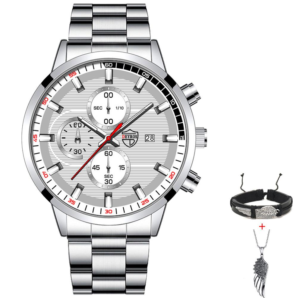 Fashion Men's Calendar Watch Mens Stainless Steel Wristwatch Casual Man Quartz Watches Bracelet Necklace Set Date Clock