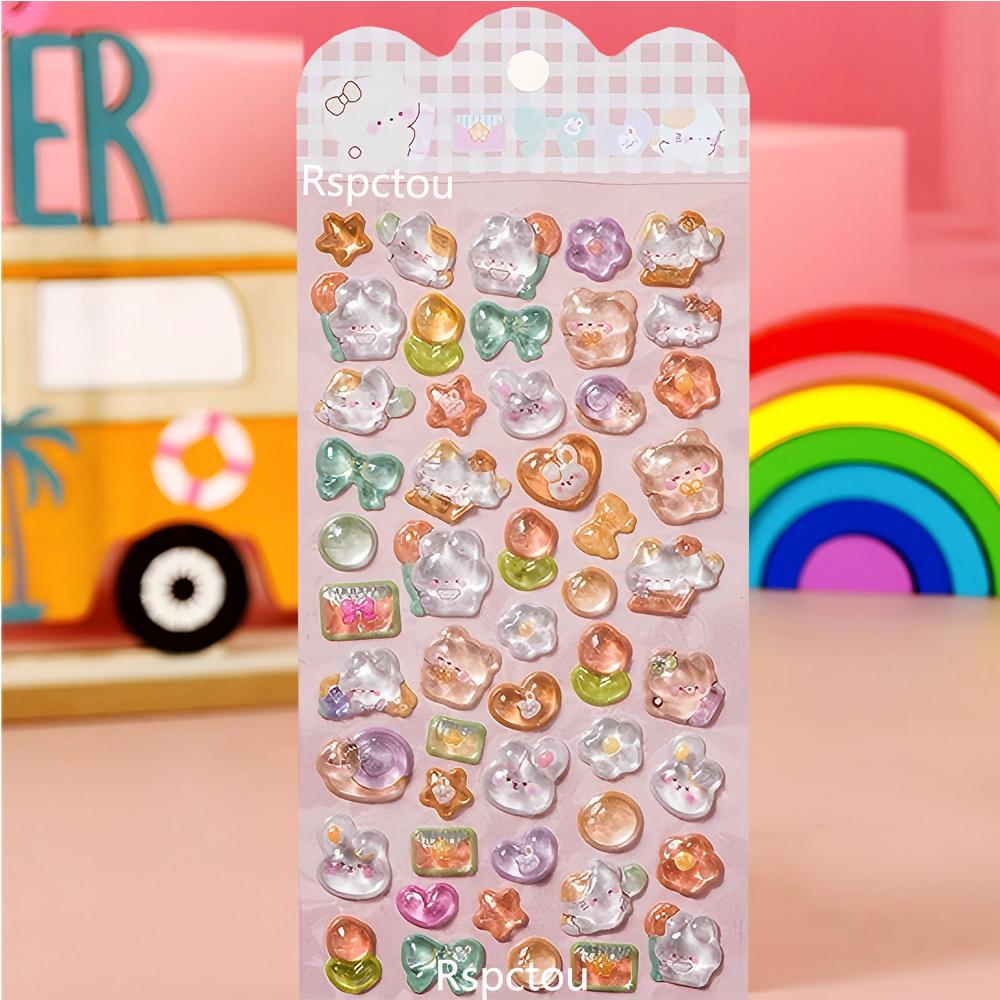 6pcs Cute Rabbit Cat Bear Animals 3D Crystal Relief Stickers Funny Creative Cartoon Decals Luggage Laptop Phone Sticker Packing