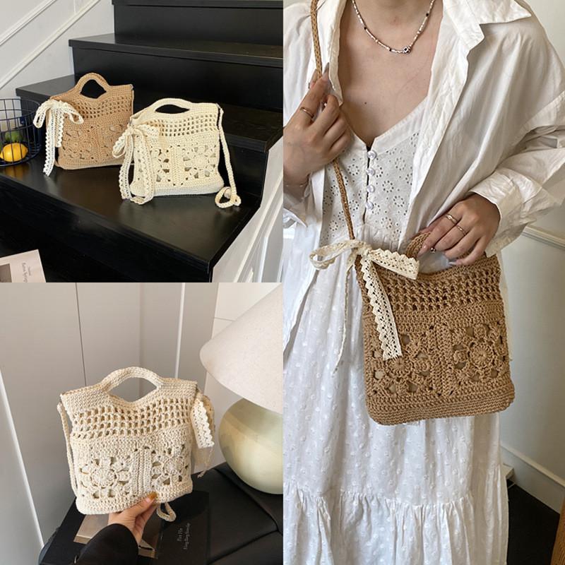 Handmade Woven Tote Bag For Women Summer Fashion Beach Vacation With Zipper Closure