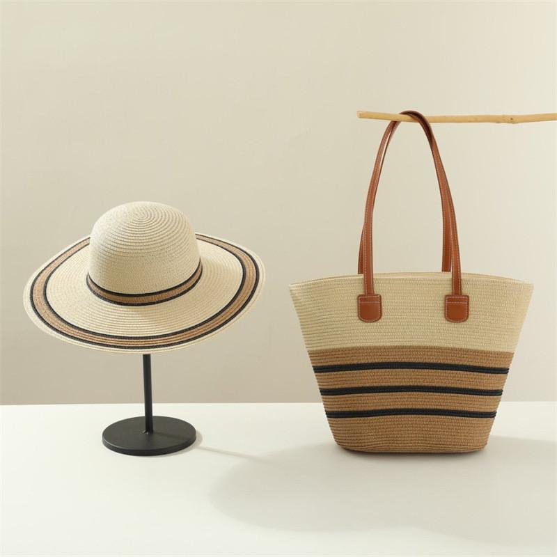 Woven Sun Hat And Large Capacity Straw Tote With Striped Pattern For Travel And Casual Wear