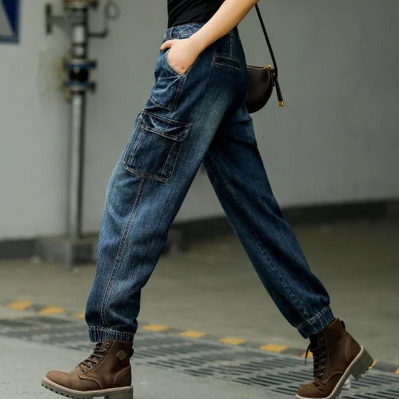 Spring and Autumn High Waist Work Clothes Jeans Women's Loose Pants Elastic Waist Straight Tube High Waist Slimming Pants