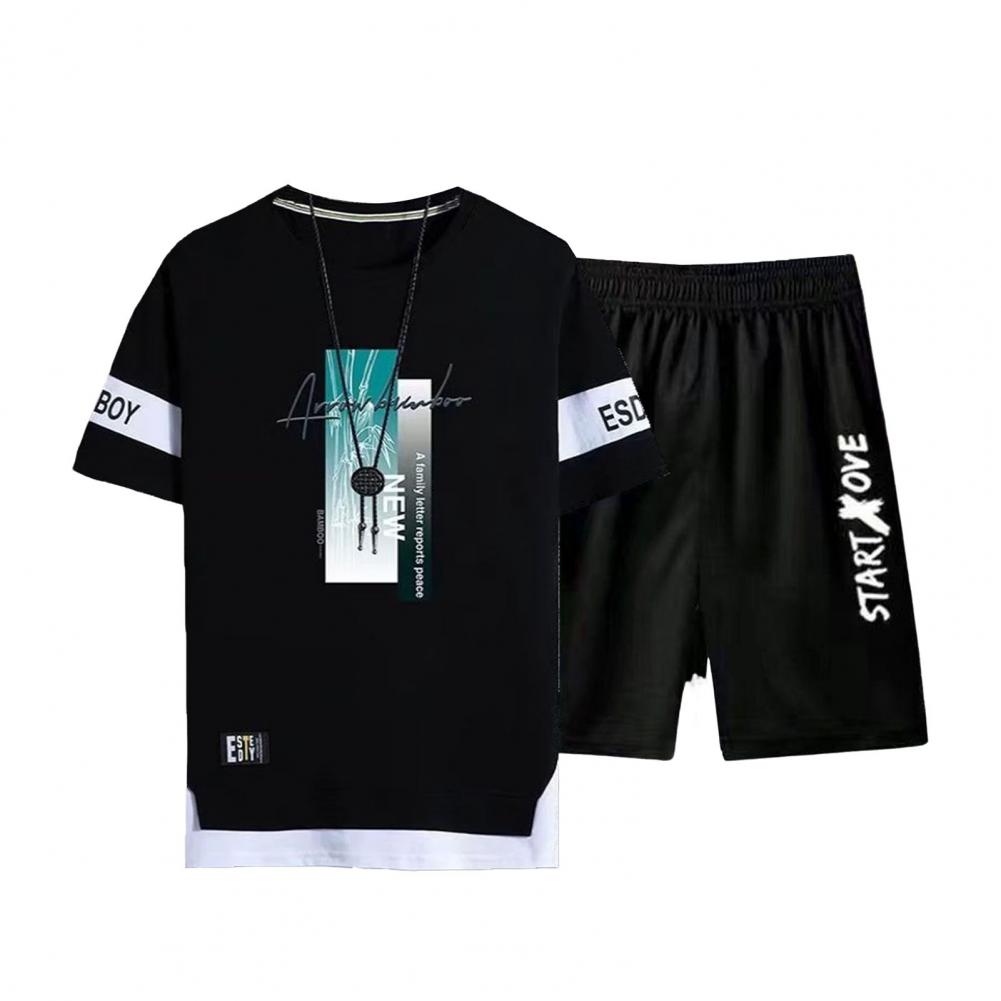 2Pcs/Collection Men Summer Outfit O-Neck Short Sleeve Letter Print T-shirt Elastic Waist Wide Leg Short Pants Collection Leisure Athletic Suit