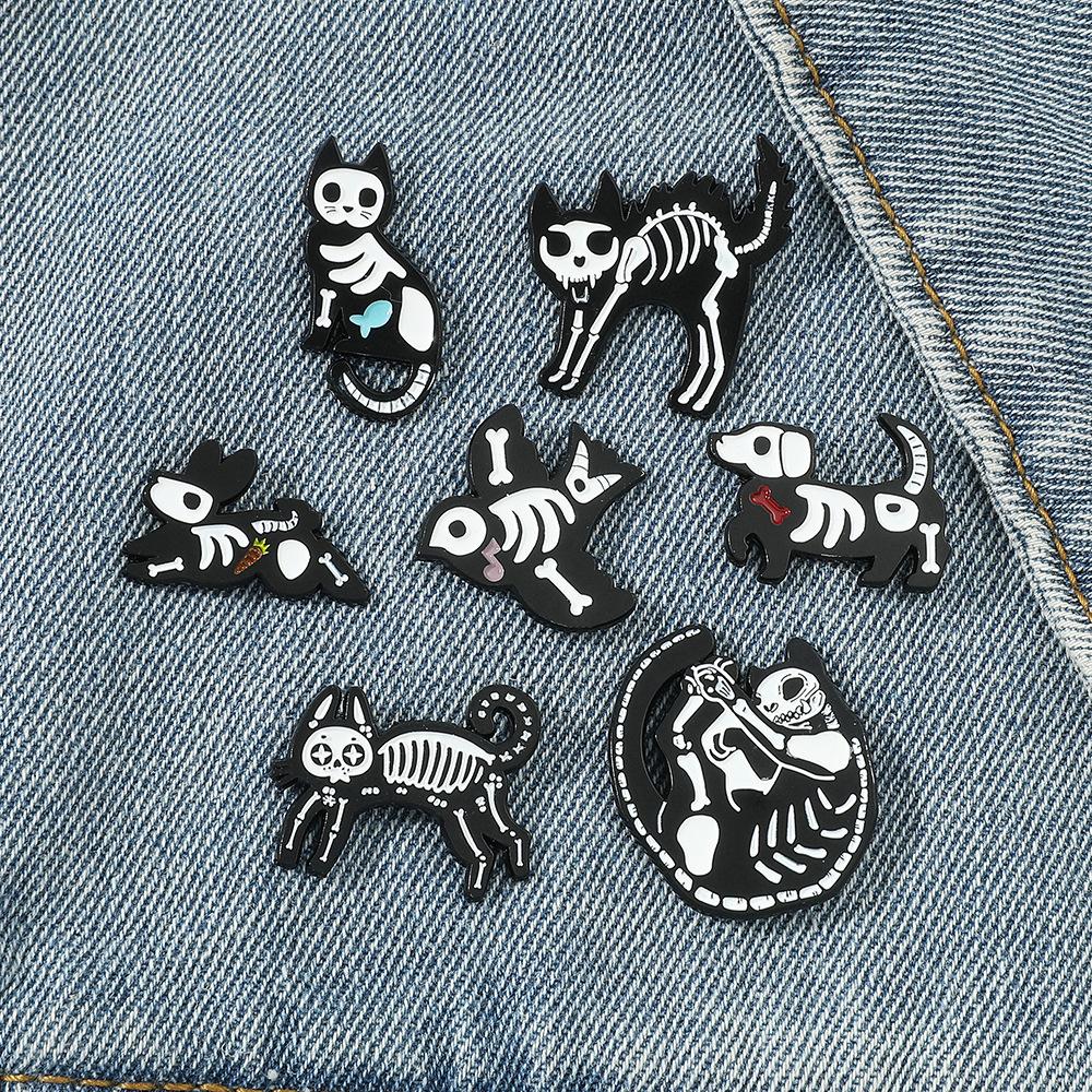 Personalized creative dark skeleton kitten brooch Halloween series puppy bird skeleton metal badge pin