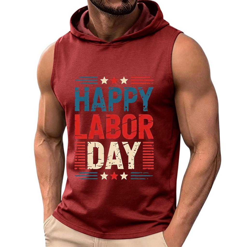 Men Sleeveless Hoodie Tank Top Casual Muscle Fit Athletic Shirt Summer Workout Gym Apparel with Labor Day Print
