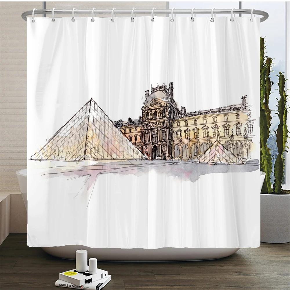 Art Line Drawing Scenery Shower Curtain Waterproof Polyester Bathroom Curtain Room Decor Bathtub Curtain Textured With Hooks